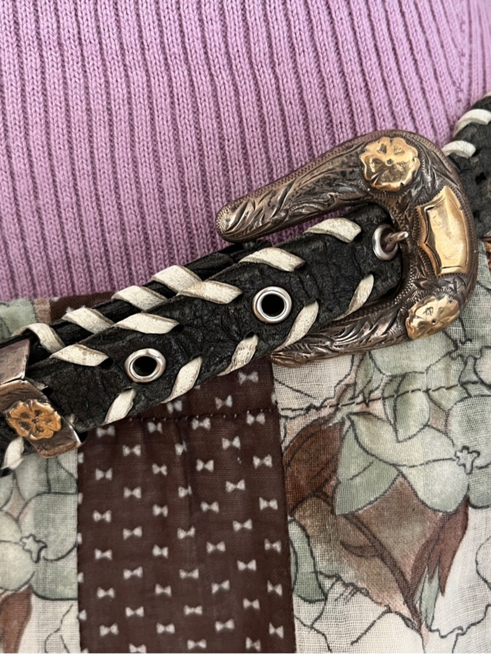 Artisan Leather Belt Laced & Studded Snakeskin Sterling Silver & 10K Gold Buckle